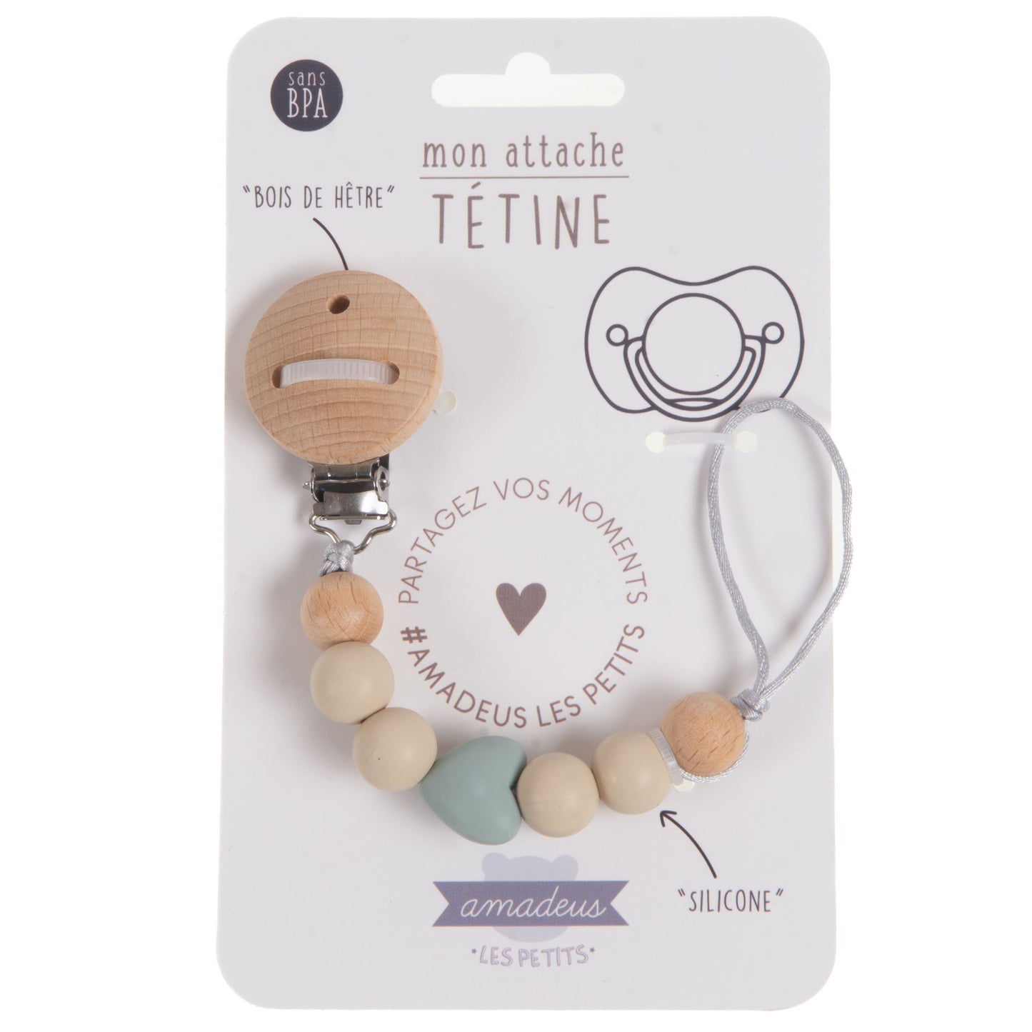 Attache tétine coeur sauge - Amadeus